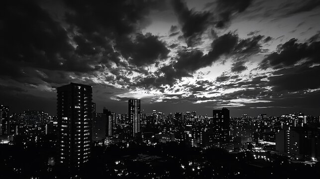 Monochrome Metropolis A Dramatic Nocturnal Cityscape Beneath a Turbulent Textured Sky.