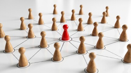 Obraz premium Minimalist wooden figures connected by dashed lines forming a network. Red center figure represents leadership, influence, hub, or central management in 