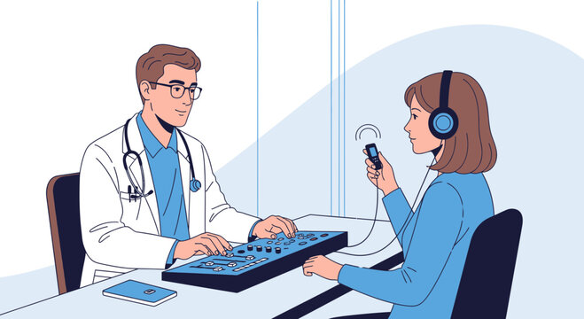 Doctor performing hearing test on patient with headphones and audiometer