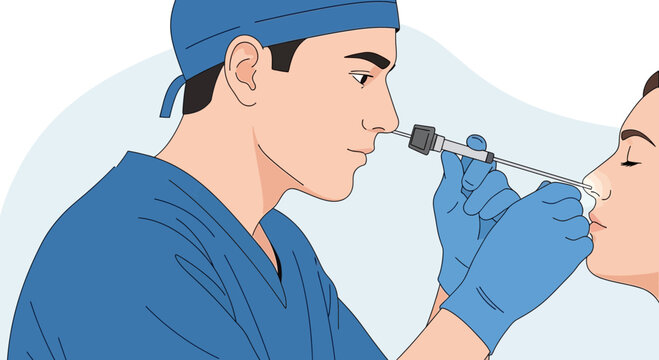 Doctor performing nasal endoscopy on a patient, medical examination, ENT procedure