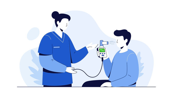 Doctor performing lung function test on patient with spirometer, medical checkup illustration