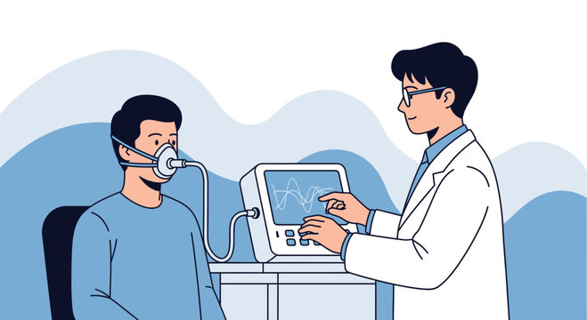 Doctor performing pulmonary function test on patient with spirometer and monitor
