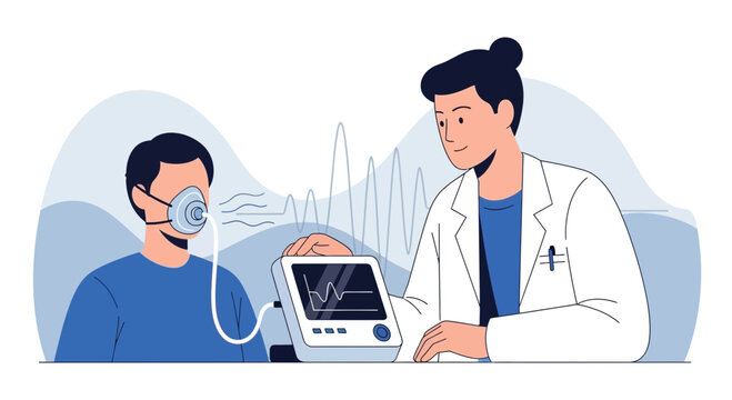 Doctor performing pulmonary function test on patient with spirometer and mask