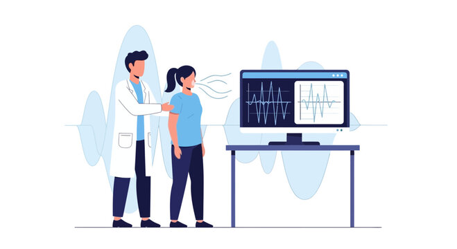 Doctor performing pulmonary function test on patient, displaying breathing data on monitor