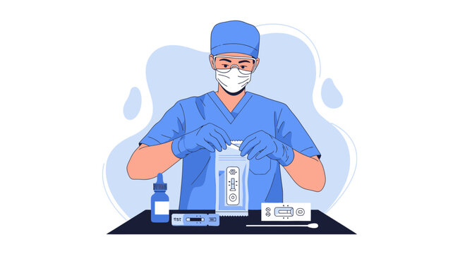 Doctor preparing COVID-19 rapid antigen test kit, medical supplies on table