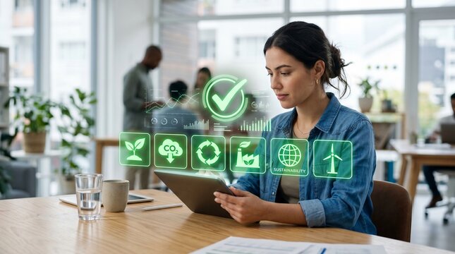 Sustainability and ESG compliance concept with green energy icons and checklist approval, representing carbon reduction and environmental management.