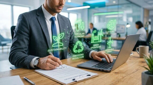 ISO 14001 environmental management system concept. Business professional using digital tablet with sustainability, recycling, CO2 reduction, and renewable energy