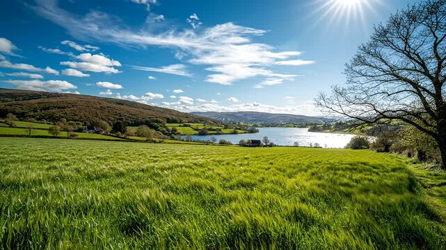 Sunny rural landscape with green meadow and peaceful lake
