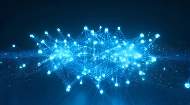 4K slow motion aerial footage of abstract blue digital data streams connecting in dark space
