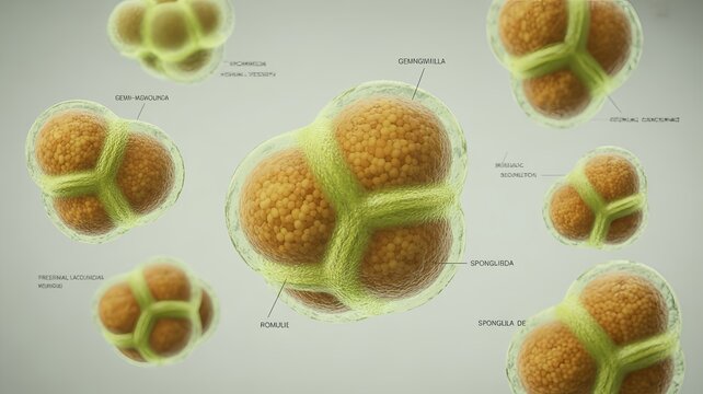 Scientific visualization of Spongilla freshwater sponge showing gemmule formation as a survival structure with detailed internal composition clean neutral background for biology education