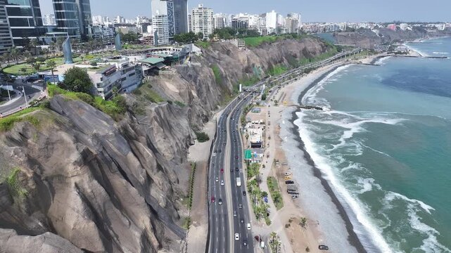 Lima Skyline In Miraflores In Lima Peru. Beach Landscape. Downtown District. Travel Destination. Lima Skyline In Miraflores In Lima Peru. Nature Park. Green Coast Cliffs Road.