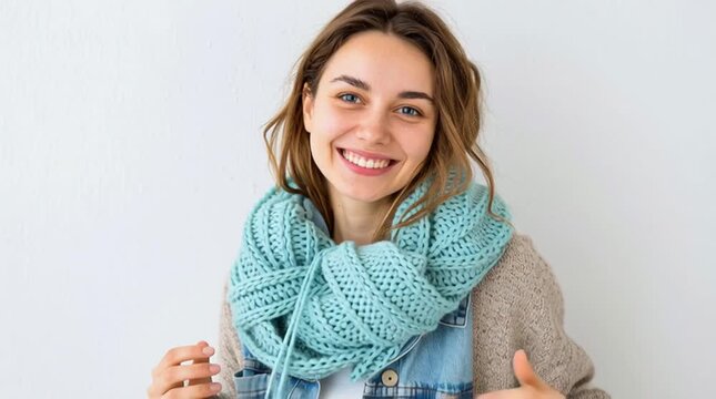 Woman smiling while knitting a cozy scarf.