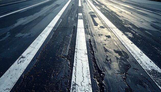 Close-up perspective of a wet, black road surface with white lines and cracks, bathed in sunlight