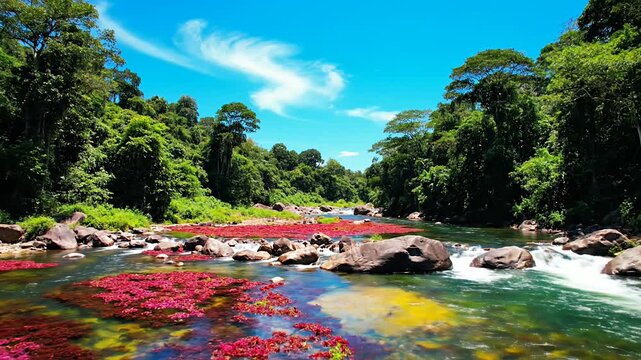 Vibrant red river flowing through a lush tropical jungle forest