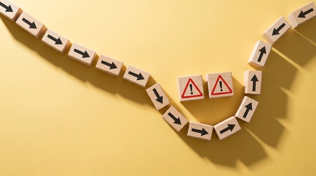 Wooden blocks with arrow icons changing direction to avoid red warning symbol on yellow background. Concept of business strategy, decision making, and problem solving.