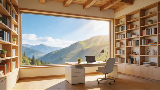 Modern home office with a stunning mountain view and natural light, summer backdrop, virtual meeting background, ms teams background, zoom meeting backdrop, digital meeting background