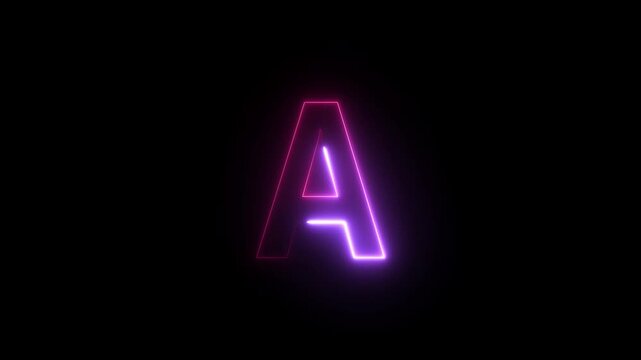 Neon letter a glowing with purple and pink light effects moving along character outlines on black background dynamic typography motion graphics video.