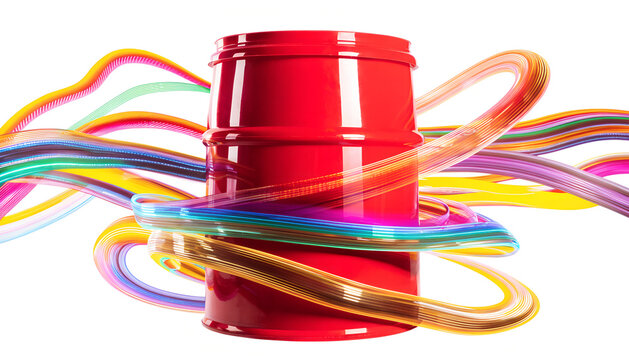 a red plastic drum with colorful lines isolated on transparent background