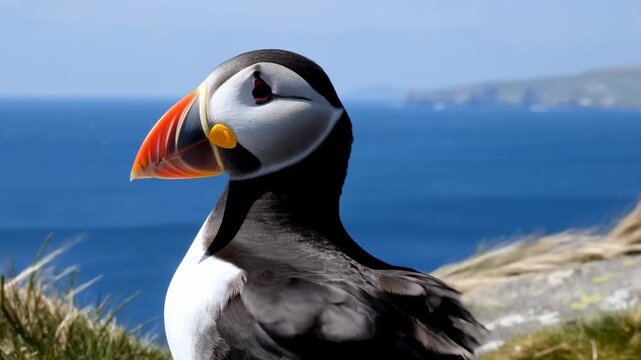 Seaside Puffin Sighting. Detailed Shot Of Puffin On Seaside Cliff With Ocean Background And Vibrant Colors