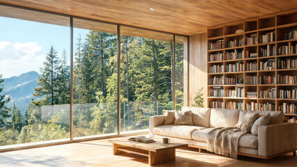 Obraz premium Cozy wooden cabin interior with panoramic mountain forest views and a comfortable sofa, virtual meeting background, zoom meeting backdrop, ms teams background, digital meeting background