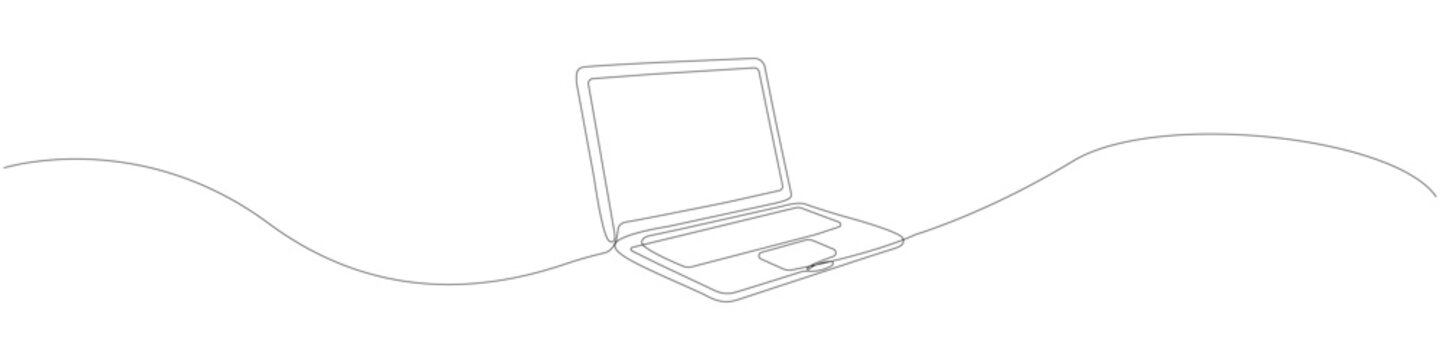 Minimalist laptop one line drawing, continuous line art of a modern computer with smooth flowing line, single stroke illustration showing clean contour and unbroken linear form of technology.