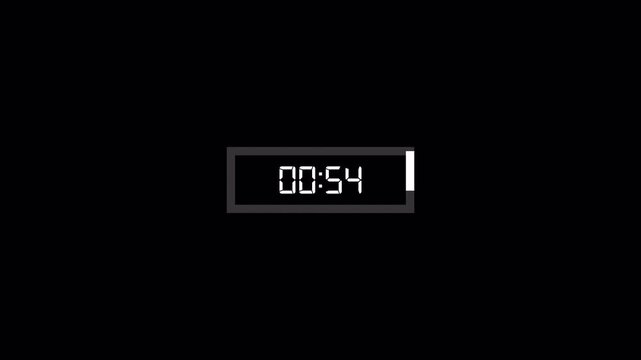 Digital countdown timer animation (60&ndash;0 seconds), transparent background, 4K video