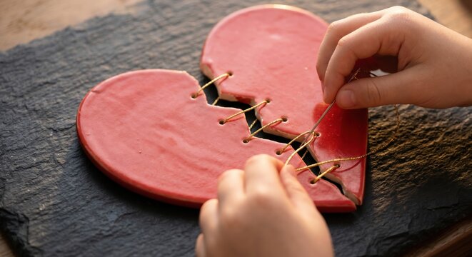 Hands Sewing a Broken Ceramic Heart Together