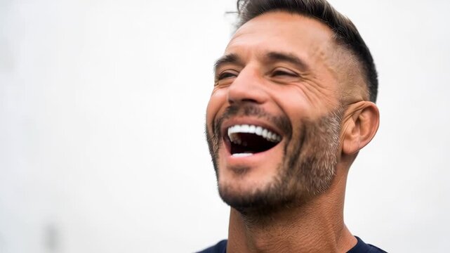 Tracking shot close up of man laughing and smiling against white wall background outdoors during daytime