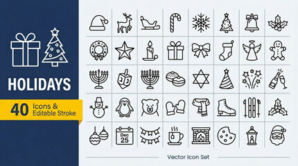 Obraz premium Minimalist holidays icons set with editable stroke for Christmas, Hanukkah, and winter.