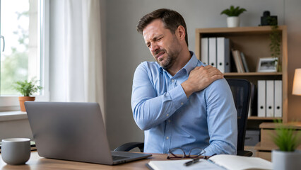 Naklejka premium Office Worker Suffering Shoulder Pain During Computer Work