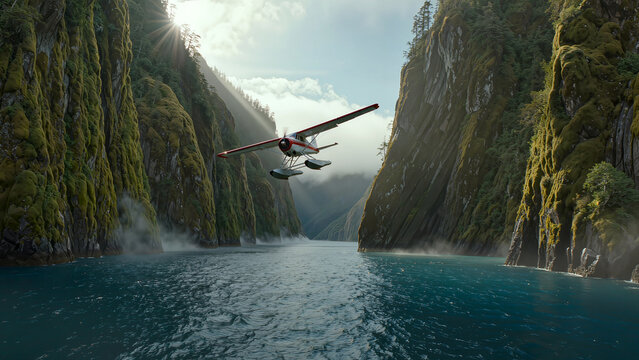 Bush plane flying low through a narrow fjord in Alaska, extreme aviation and wild nature exploration.