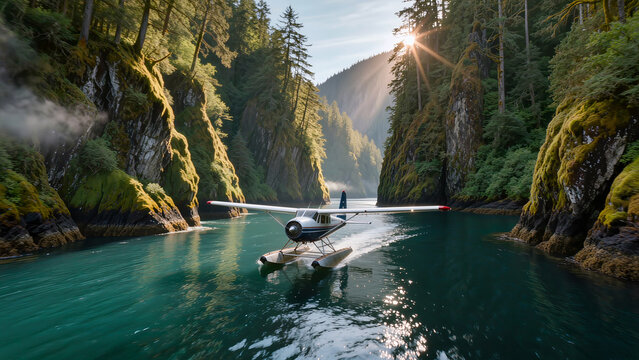 Bush plane flying low through a narrow fjord in Alaska, extreme aviation and wild nature exploration.