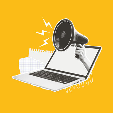 Laptop with loudspeaker collage. Retro halftone paper cutout elements. Vintage online announcement design asset isolated on the yellow background.