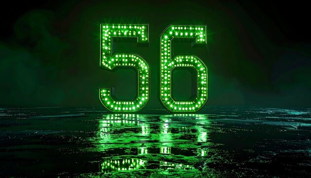 Glowing green number "56" against a dark, smoky backdrop, reflecting on a wet, glossy surface. Lit with tiny lights
