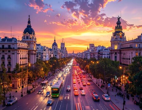 Aerial view captures a wide boulevard with flowing traffic, framed by ornate buildings under a vibrant sunset