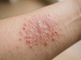 Fototapeta premium Close-up of red irritated skin rash on human forearm with visible texture and hair
