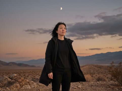 Woman standing alone in desert at twilight with crescent moon above