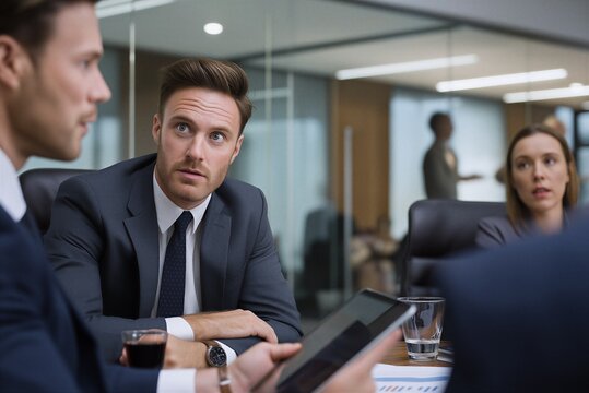 Business professionals reacting to data on tablet during tense office meeting
