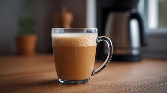 A frothy beverage rests on a wooden counter capturing a peaceful moment with a coffee brewer visible in the background