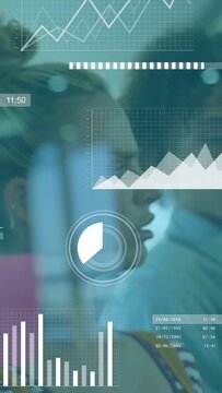 Vertical video: Woman holding handrail as HUD receiving metro data framing charts and tracking flow