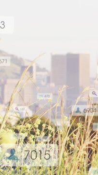 Vertical video: On start UI labels appearing and shifting over grasses, visualizing live metrics
