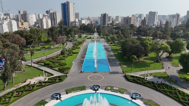 Parque De La Reserva In Lima Capital City Of Peru. Magic Water Circuit Landscape. Touristic Attraction. Urban Park. Parque De La Reserva In Lima Capital City Of Peru.