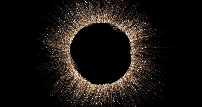 A spherical cluster of shimmering particles is constantly bubbling, emitting thin light rays into deep space. The dynamic movement of the shining elements creates the effect of a pulsating abstract st