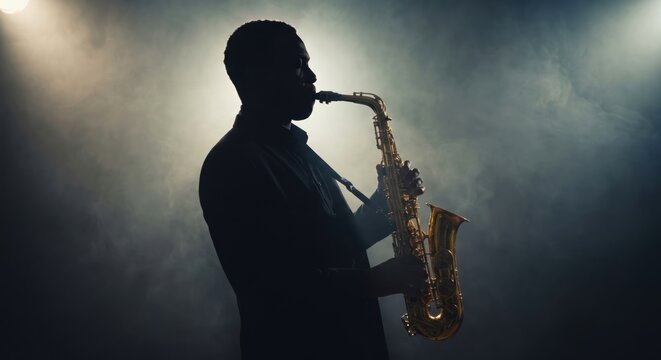 Silhouette of Jazz Musician Playing Saxophone in Smoke
