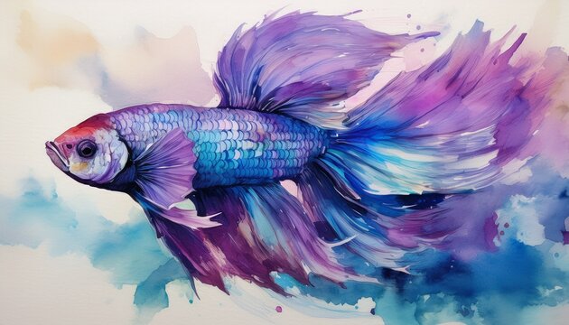 watercolour painting on canvas of a betta fish with its tail flowing purple and blue ombre hues