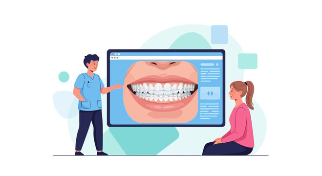Dentist showing patient teeth alignment on screen, dental consultation, modern dentistry