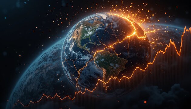 Globe with orange electrical connections and graphs on a dark background representing global technology and data