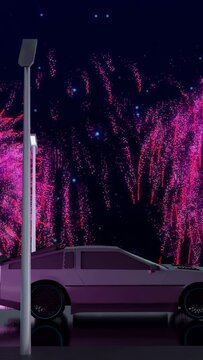 Vertical video: Fireworks bursting from gap causing car glow while walls shifting showing design
