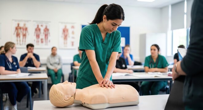 Nursing Student Practicing CPR on Training Mannequin
