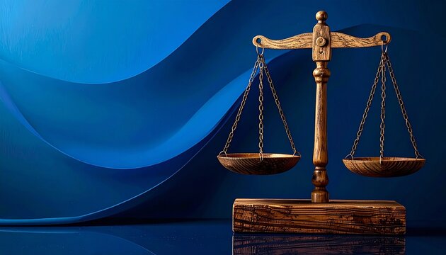 Wooden balance scale with suspended pans, evenly aligned against smooth blue background, symbolizing justice, fairness, equality, and ethical decision‑making in a timeless, dignified manner.